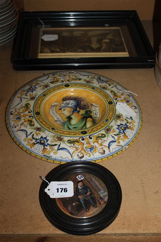 Osbourne Ivorex panel, Italian Fontana Workshop maiolica Cardinals hat charger & a pot lid, On Guard